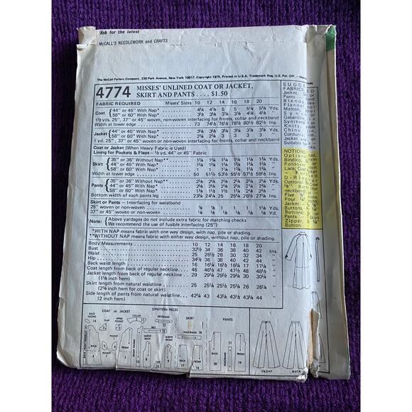 McCalls sewing pattern 4774 leisure suit jacket pants trench size 12 - Picture 3 of 6